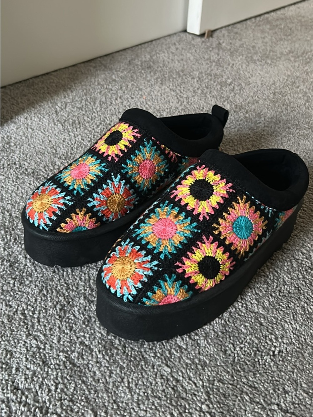 Boohoo Black Crochet Slip-On Moccasins with Multicolor Floral Squares